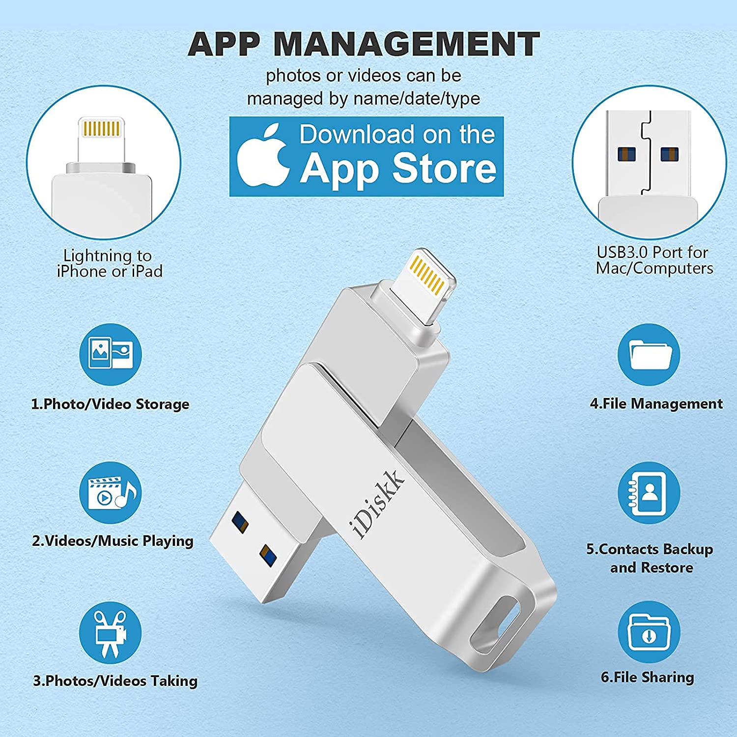 iDiskk 128GB MFi Certified Photo Stick for iPhone Flash Drive for iPhone 14/14 pro/13/13 pro/12/12 mini/12 pro max/11/11 pro/XR/X/XS for iPad,MacBook / PC Photo Storage for iOS iPhone Memory Stick