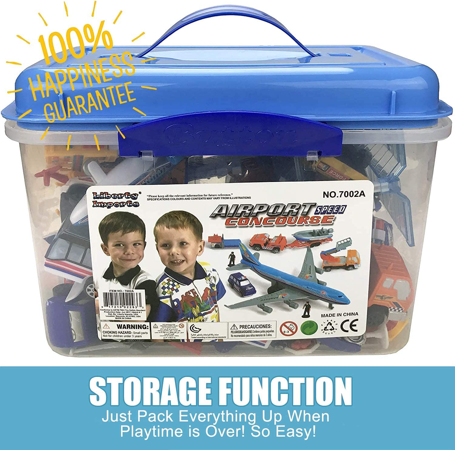 Liberty Imports Deluxe 57-Piece Kids Commercial Airport Playset in Storage Bucket with Airplane Toy, Play Vehicles, Fire Trucks, Police Cars & Figures, and Accessories