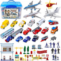 Liberty Imports Deluxe 57-Piece Kids Commercial Airport Playset in Storage Bucket with Airplane Toy, Play Vehicles, Fire Trucks, Police Cars & Figures, and Accessories
