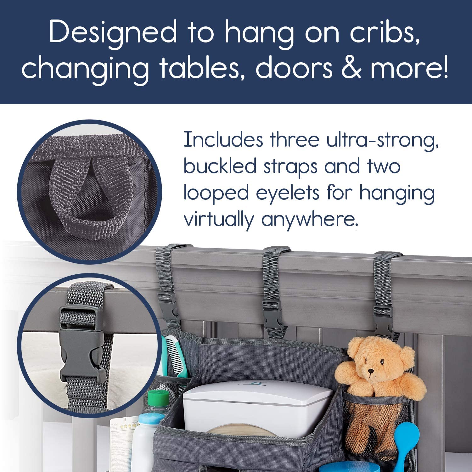 hiccapop Hanging Diaper Organizer for Changing Table, Cribs and Walls, Diaper Stacker and Nursery Organizer | Hanging Diaper Caddy Organizer for Baby Essentials | Diaper Storage Organizer Slate Gray