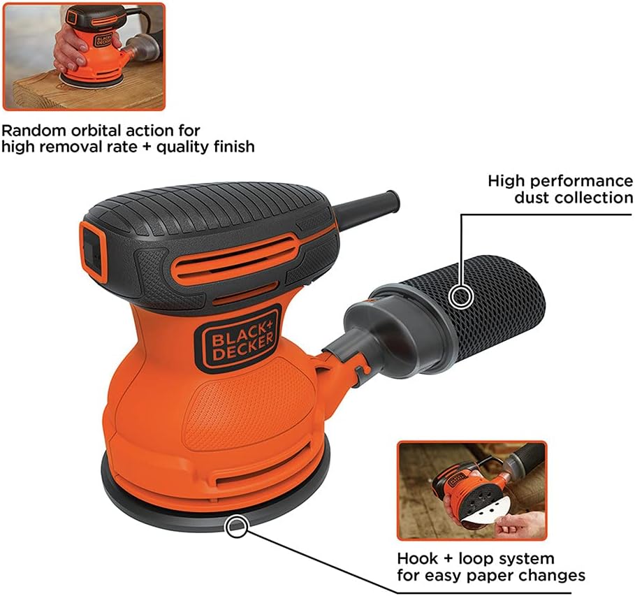 BLACK+DECKER Orbital Sander, 5 Inch, 2.0 Amp, 12000 OPM, Corded, 1 Sandpaper Sheet and Dust Bag Included (BDERO100)