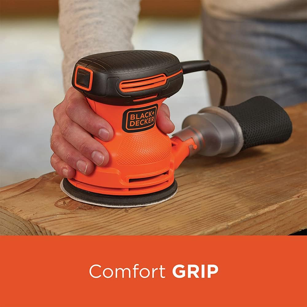 BLACK+DECKER Orbital Sander, 5 Inch, 2.0 Amp, 12000 OPM, Corded, 1 Sandpaper Sheet and Dust Bag Included (BDERO100)
