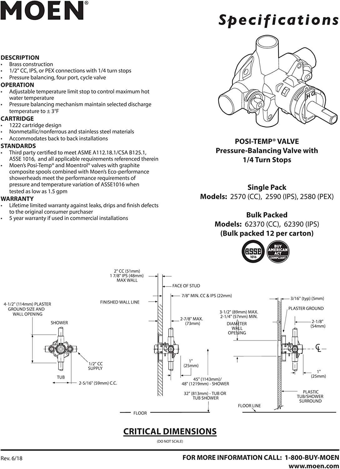 Moen Rough-In Posi-Temp Pressure Balancing Cycling Shower Valve with Stops, 1/2-Inch IPS Connections, 2590 N/A or Unfinished