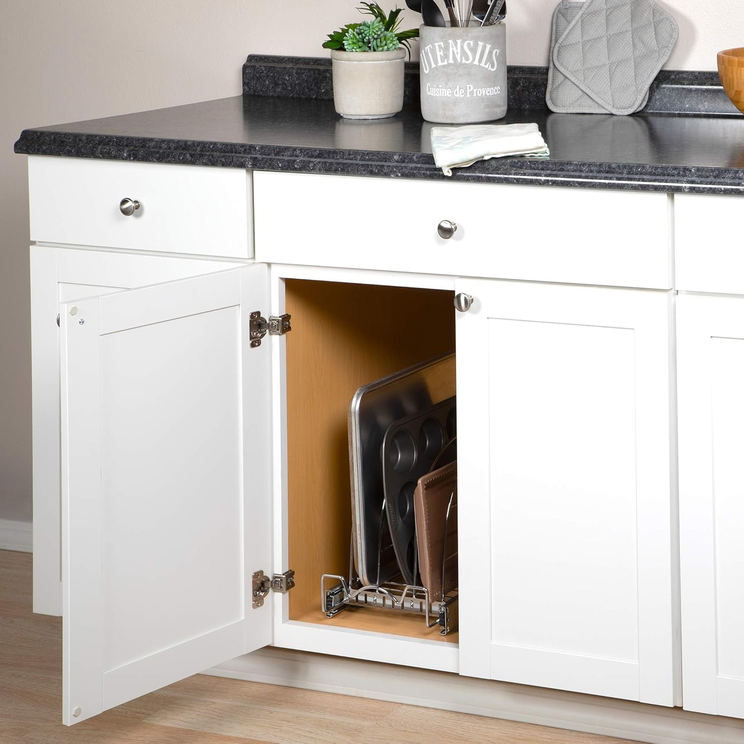 HOLDN’ STORAGE Pull Out Organizer for Bakeware, Cutting Board and Trays, Adjustable Dividers - Heavy Duty, Lifetime Limited Warranty - For Narrow Cabinet Spaces, 12.5”W x 21”D x 11”H, Chrome 12.5