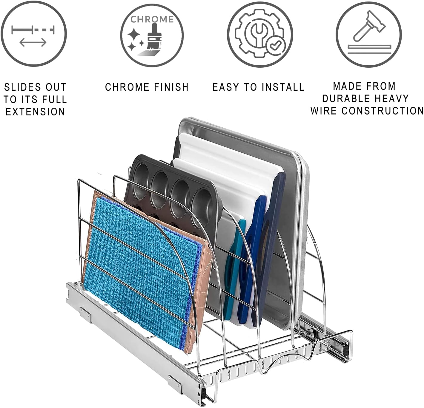 HOLDN’ STORAGE Pull Out Organizer for Bakeware, Cutting Board and Trays, Adjustable Dividers - Heavy Duty, Lifetime Limited Warranty - For Narrow Cabinet Spaces, 12.5”W x 21”D x 11”H, Chrome 12.5