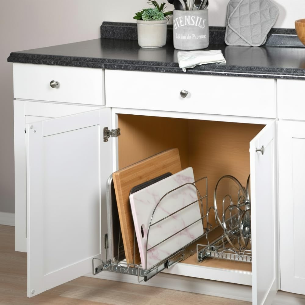 HOLDN’ STORAGE Pull Out Organizer for Bakeware, Cutting Board and Trays, Adjustable Dividers - Heavy Duty, Lifetime Limited Warranty - For Narrow Cabinet Spaces, 12.5”W x 21”D x 11”H, Chrome 12.5