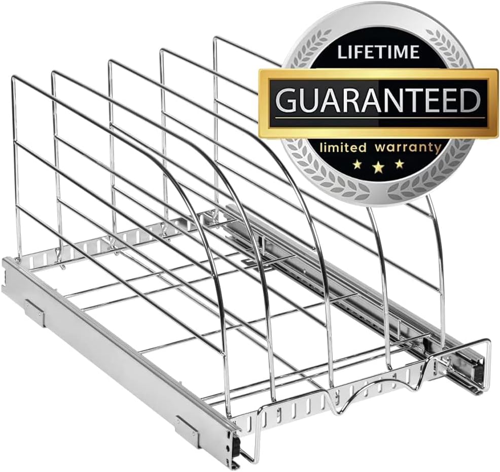 HOLDN’ STORAGE Pull Out Organizer for Bakeware, Cutting Board and Trays, Adjustable Dividers - Heavy Duty, Lifetime Limited Warranty - For Narrow Cabinet Spaces, 12.5”W x 21”D x 11”H, Chrome 12.5