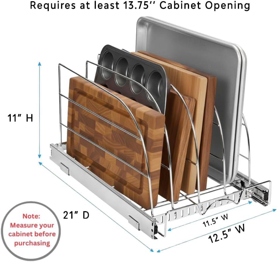 HOLDN’ STORAGE Pull Out Organizer for Bakeware, Cutting Board and Trays, Adjustable Dividers - Heavy Duty, Lifetime Limited Warranty - For Narrow Cabinet Spaces, 12.5”W x 21”D x 11”H, Chrome 12.5