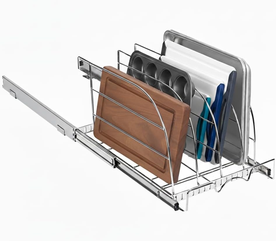 HOLDN’ STORAGE Pull Out Organizer for Bakeware, Cutting Board and Trays, Adjustable Dividers - Heavy Duty, Lifetime Limited Warranty - For Narrow Cabinet Spaces, 12.5”W x 21”D x 11”H, Chrome 12.5