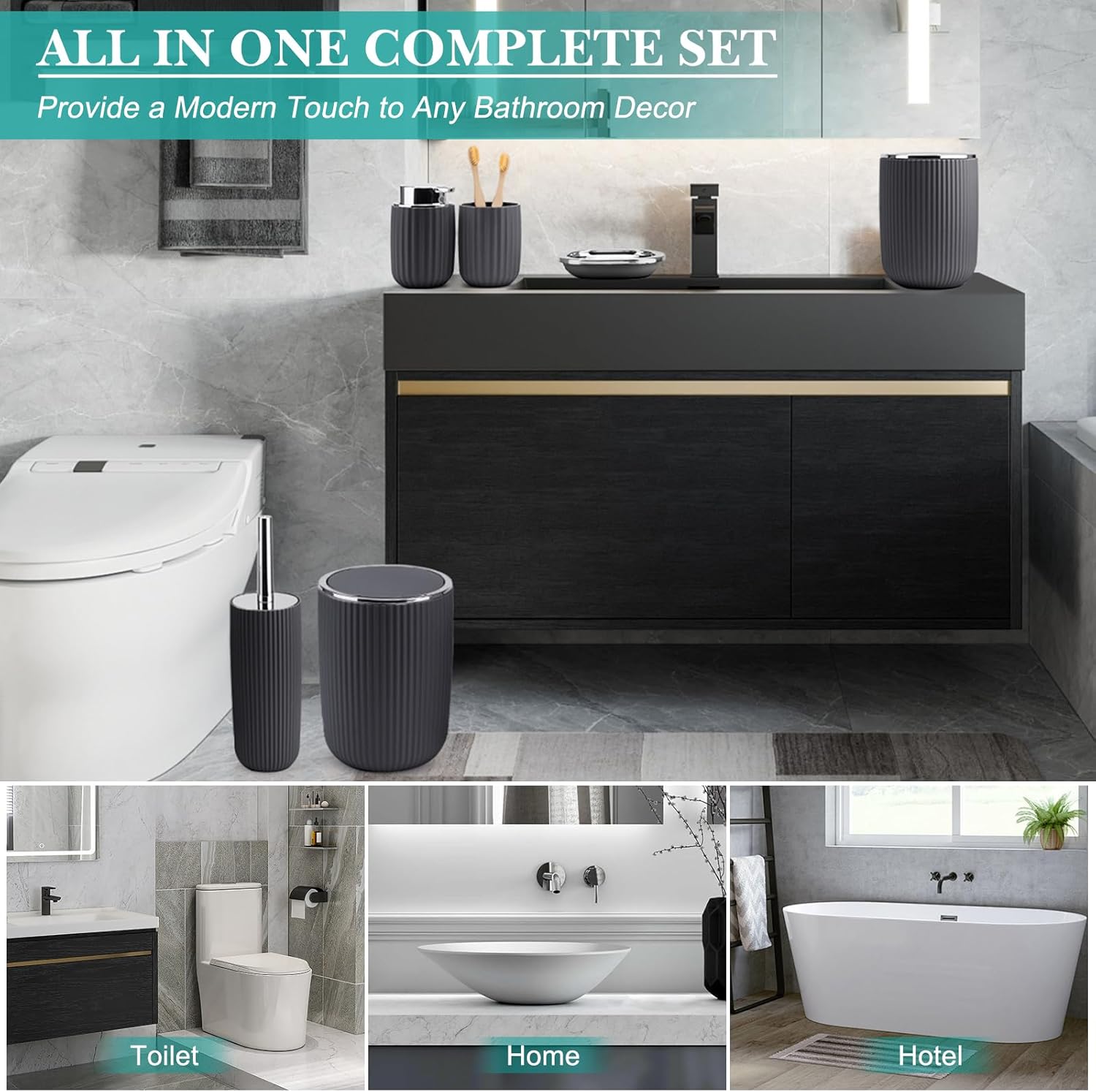Boperzi Bathroom Accessories Set Complete: 8pc Bathroom Accessory Set with Trash Can 2pc for Floor/Counter, Toilet Brush, Soap Dispenser, Toothbrush Holder, Adhesive Hook, Grey Modern Bathroom Set Dark Gray