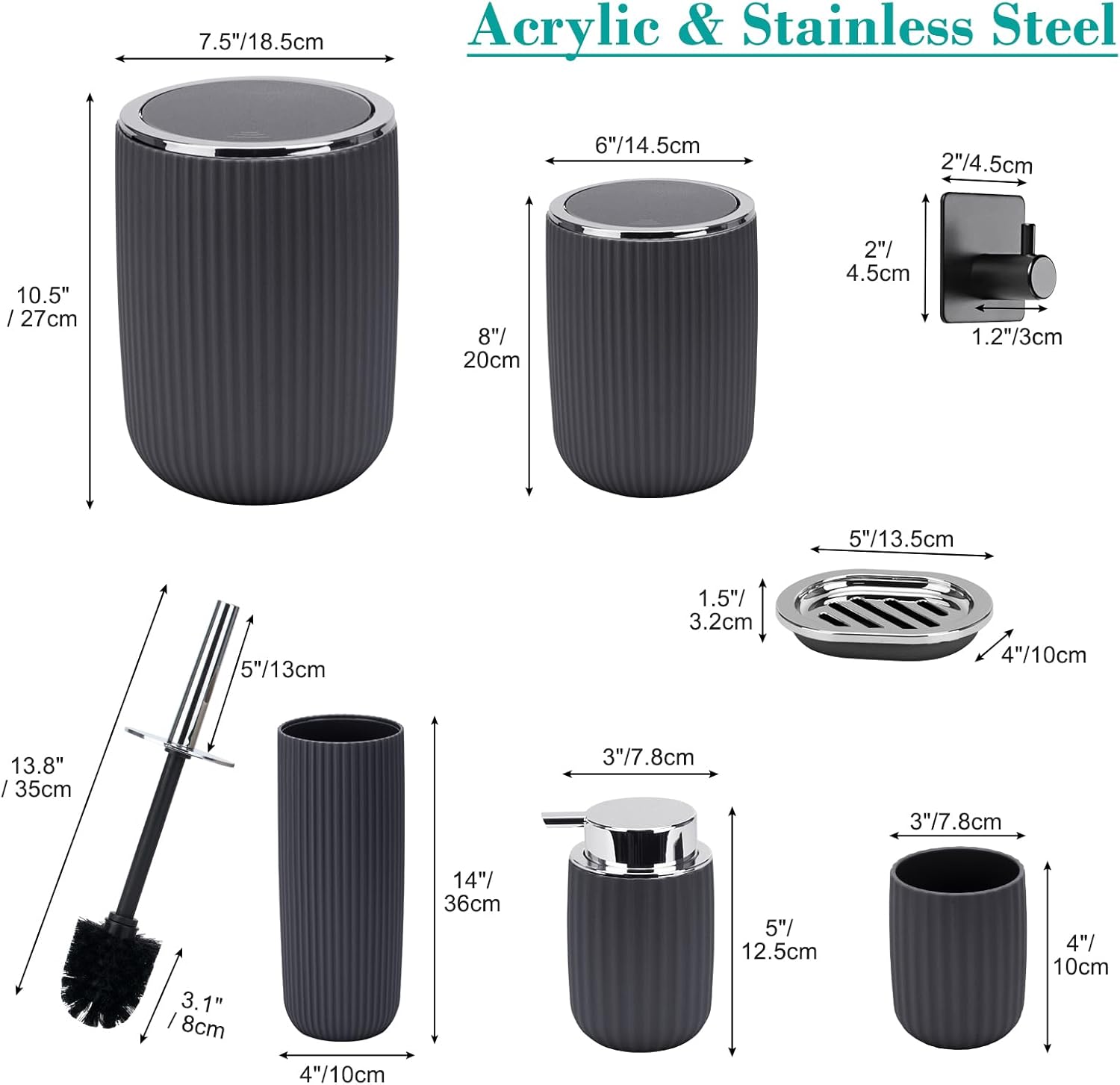Boperzi Bathroom Accessories Set Complete: 8pc Bathroom Accessory Set with Trash Can 2pc for Floor/Counter, Toilet Brush, Soap Dispenser, Toothbrush Holder, Adhesive Hook, Grey Modern Bathroom Set Dark Gray