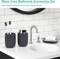 Boperzi Bathroom Accessories Set Complete: 8pc Bathroom Accessory Set with Trash Can 2pc for Floor/Counter, Toilet Brush, Soap Dispenser, Toothbrush Holder, Adhesive Hook, Grey Modern Bathroom Set Dark Gray