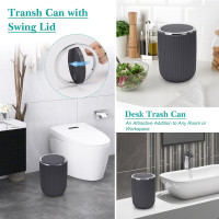 Boperzi Bathroom Accessories Set Complete: 8pc Bathroom Accessory Set with Trash Can 2pc for Floor/Counter, Toilet Brush, Soap Dispenser, Toothbrush Holder, Adhesive Hook, Grey Modern Bathroom Set Dark Gray