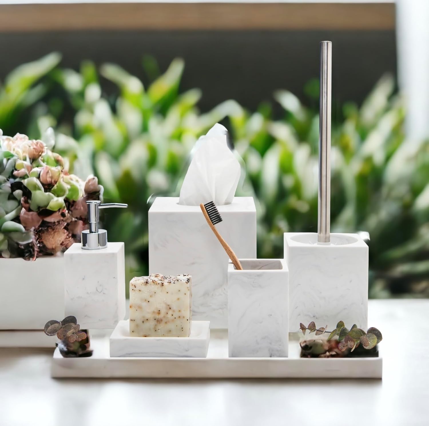 Kurrajong Farmhouse 5 Piece Bathroom Accessories Set Complete | Faux Marble and White Bathroom Accessory Set | Tissue Box, Toilet Brush, Soap Dish, Soap Dispenser, Toothbrush Holder