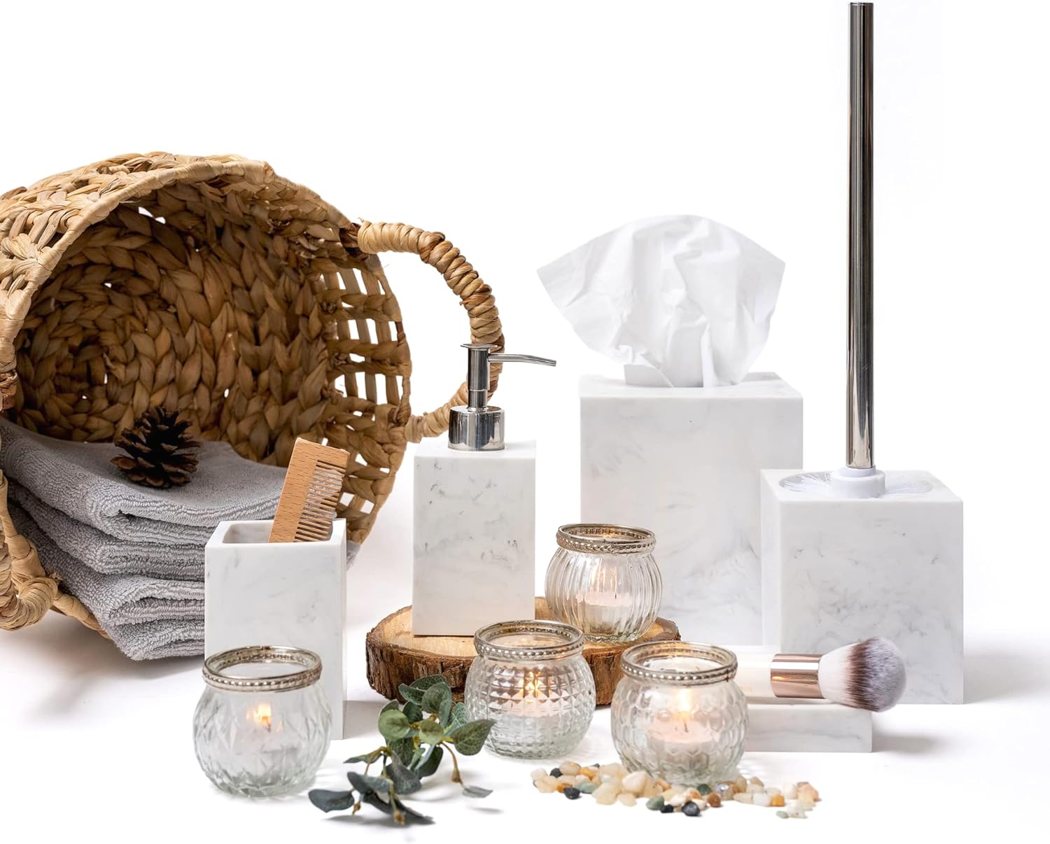Kurrajong Farmhouse 5 Piece Bathroom Accessories Set Complete | Faux Marble and White Bathroom Accessory Set | Tissue Box, Toilet Brush, Soap Dish, Soap Dispenser, Toothbrush Holder