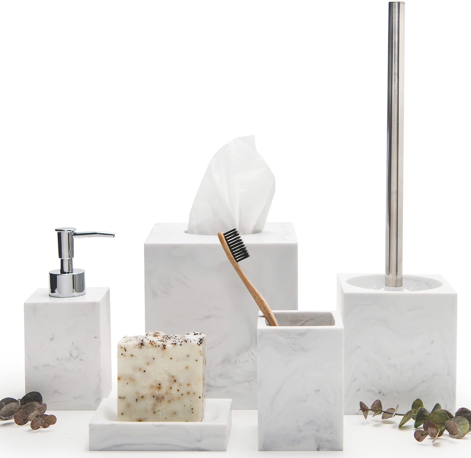 Kurrajong Farmhouse 5 Piece Bathroom Accessories Set Complete | Faux Marble and White Bathroom Accessory Set | Tissue Box, Toilet Brush, Soap Dish, Soap Dispenser, Toothbrush Holder