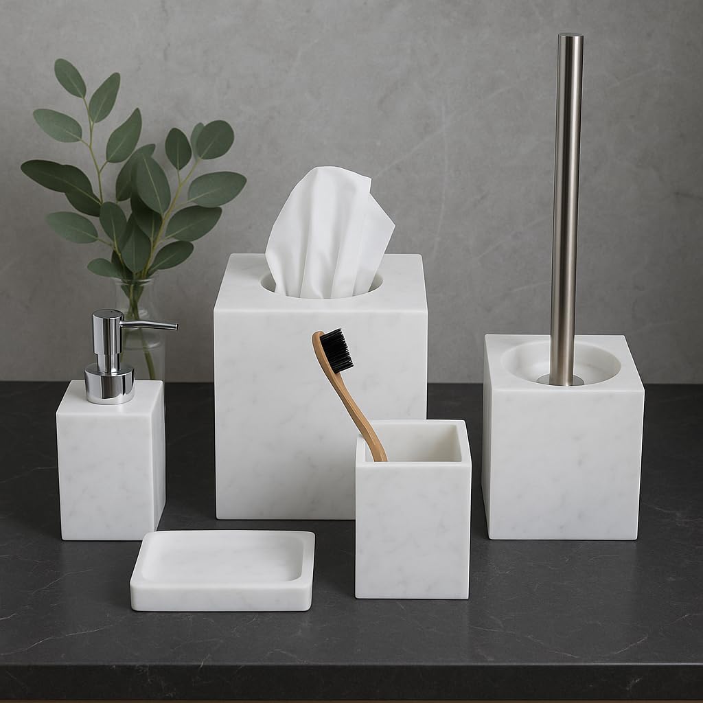 Kurrajong Farmhouse 5 Piece Bathroom Accessories Set Complete | Faux Marble and White Bathroom Accessory Set | Tissue Box, Toilet Brush, Soap Dish, Soap Dispenser, Toothbrush Holder