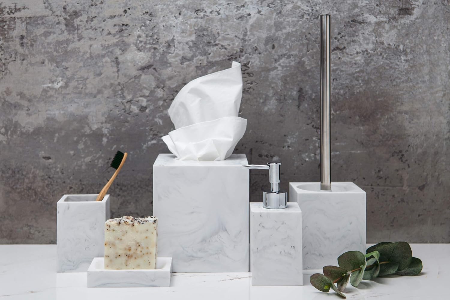 Kurrajong Farmhouse 5 Piece Bathroom Accessories Set Complete | Faux Marble and White Bathroom Accessory Set | Tissue Box, Toilet Brush, Soap Dish, Soap Dispenser, Toothbrush Holder