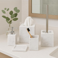 Kurrajong Farmhouse 5 Piece Bathroom Accessories Set Complete | Faux Marble and White Bathroom Accessory Set | Tissue Box, Toilet Brush, Soap Dish, Soap Dispenser, Toothbrush Holder