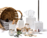 Kurrajong Farmhouse 5 Piece Bathroom Accessories Set Complete | Faux Marble and White Bathroom Accessory Set | Tissue Box, Toilet Brush, Soap Dish, Soap Dispenser, Toothbrush Holder