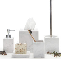 Kurrajong Farmhouse 5 Piece Bathroom Accessories Set Complete | Faux Marble and White Bathroom Accessory Set | Tissue Box, Toilet Brush, Soap Dish, Soap Dispenser, Toothbrush Holder