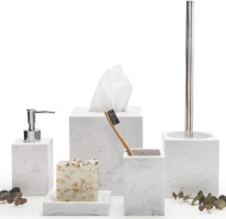 Kurrajong Farmhouse 5 Piece Bathroom Accessories Set Complete | Faux Marble and White Bathroom Accessory Set | Tissue Box, Toilet Brush, Soap Dish, Soap Dispenser, Toothbrush Holder