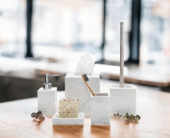Kurrajong Farmhouse 5 Piece Bathroom Accessories Set Complete | Faux Marble and White Bathroom Accessory Set | Tissue Box, Toilet Brush, Soap Dish, Soap Dispenser, Toothbrush Holder