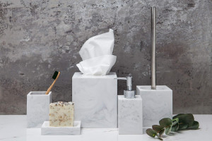 Kurrajong Farmhouse 5 Piece Bathroom Accessories Set Complete | Faux Marble and White Bathroom Accessory Set | Tissue Box, Toilet Brush, Soap Dish, Soap Dispenser, Toothbrush Holder