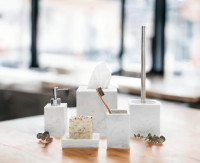 Kurrajong Farmhouse 5 Piece Bathroom Accessories Set Complete | Faux Marble and White Bathroom Accessory Set | Tissue Box, Toilet Brush, Soap Dish, Soap Dispenser, Toothbrush Holder