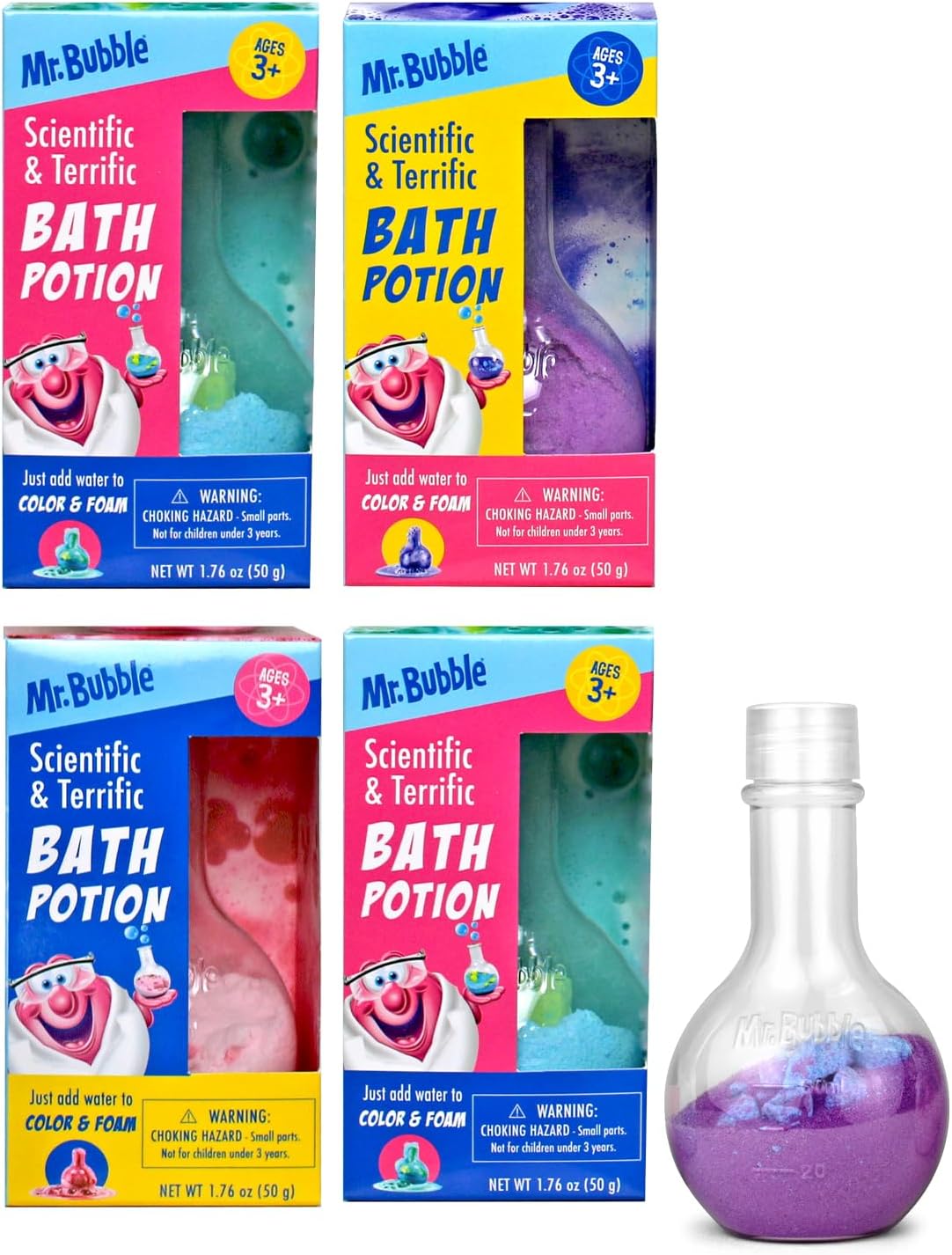 Mr. Bubble Kids Bath Bomb Potions - Colorful Fizzy Fun - Cool Foam and Bubble Science Beaker Bath Toys (Pack of 4)