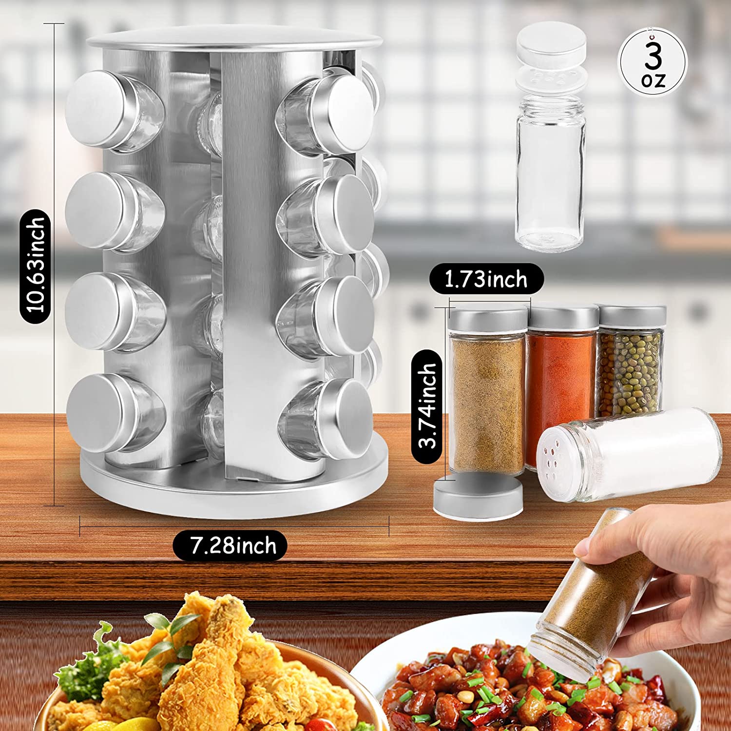 Rotating Spice Rack with 16 Jars, Revolving Spice Rack Organizer for Cabinet, Seasoning Organizer Stainless Steel Kitchen Spice Tower with Labels for Countertop