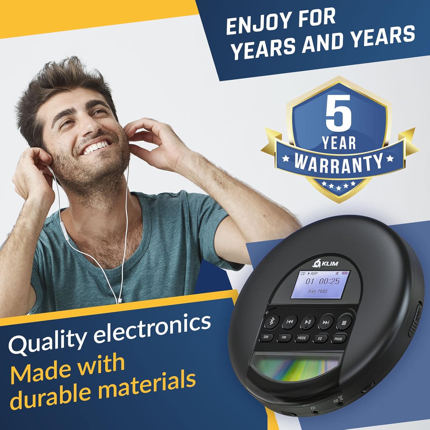 KLIM Nomad - New - Portable CD Player Walkman with Long-Lasting Battery - with Headphones - Radio FM - Compatible MP3 CD Player Portable - TF Card Radio FM Bluetooth - Ideal for Cars - Black