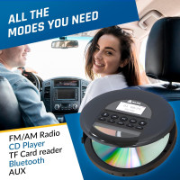 KLIM Nomad - New - Portable CD Player Walkman with Long-Lasting Battery - with Headphones - Radio FM - Compatible MP3 CD Player Portable - TF Card Radio FM Bluetooth - Ideal for Cars - Black