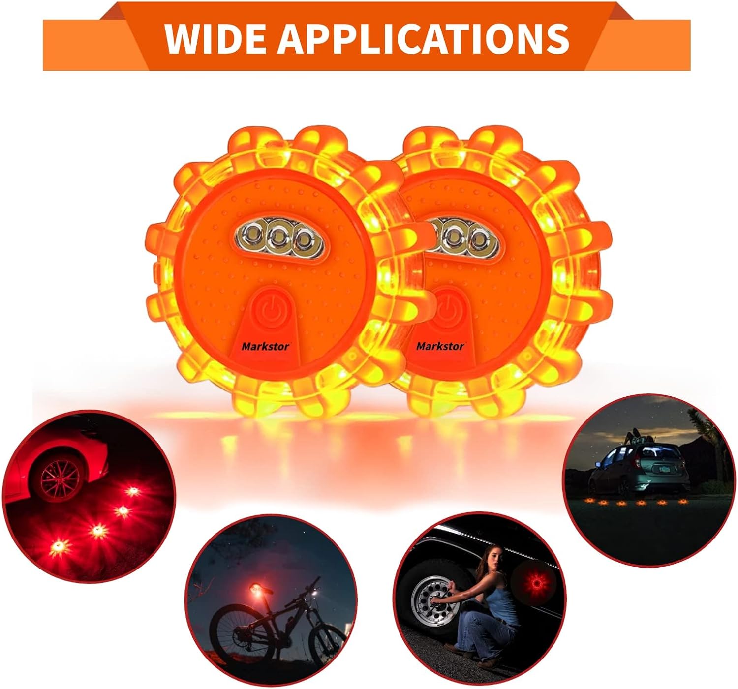 Led Road Flares 4 Pack LED Flares Emergency Kit, USB Recharge Amber LED Flares Warning Light with Magnetic, Roadside Safety Disc Flares Kit with Breaker,Whistle for Vehicle (4 Pack Parts)
