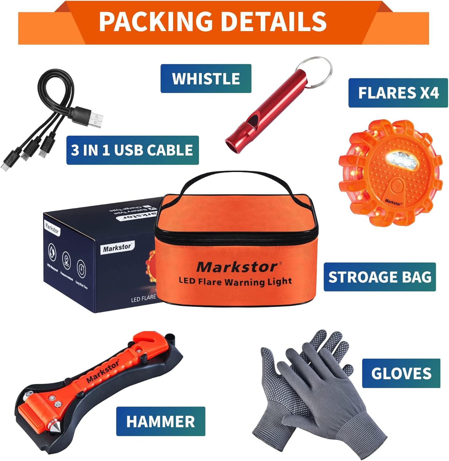 Led Road Flares 4 Pack LED Flares Emergency Kit, USB Recharge Amber LED Flares Warning Light with Magnetic, Roadside Safety Disc Flares Kit with Breaker,Whistle for Vehicle (4 Pack Parts)