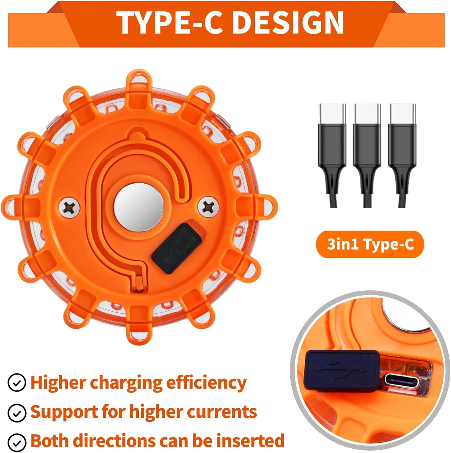 Led Road Flares 4 Pack LED Flares Emergency Kit, USB Recharge Amber LED Flares Warning Light with Magnetic, Roadside Safety Disc Flares Kit with Breaker,Whistle for Vehicle (4 Pack Parts)