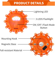 Led Road Flares 4 Pack LED Flares Emergency Kit, USB Recharge Amber LED Flares Warning Light with Magnetic, Roadside Safety Disc Flares Kit with Breaker,Whistle for Vehicle (4 Pack Parts)