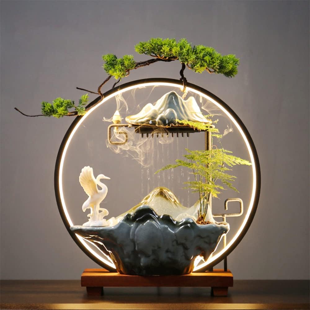 WOWOHI Tabletop Water Fountain, Indoor Waterfall with Round LED Light Ceramic Crane Mist Maker and Incense Holder for Home Office Decor…