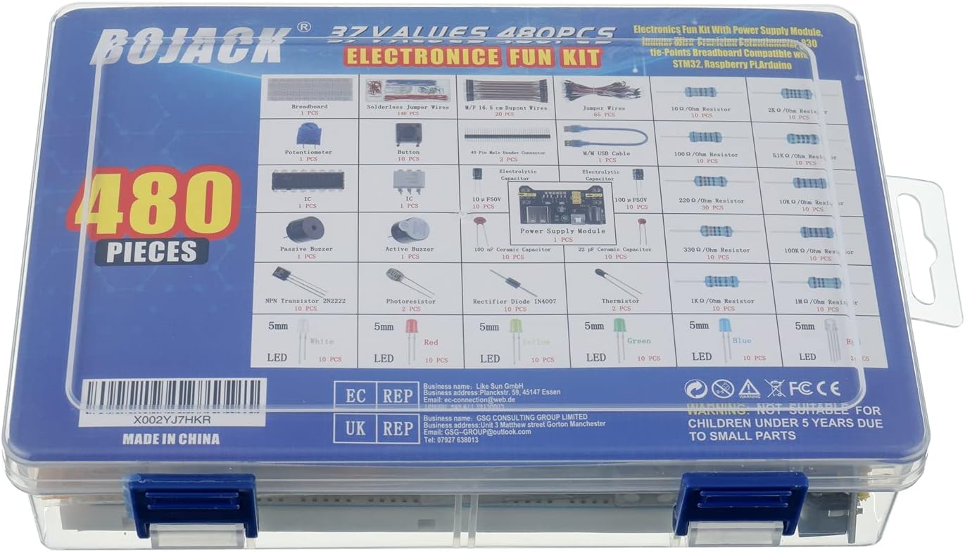 BOJACK 37 Values 480 Pcs Electronics Component Fun Kit with Power Supply Module, Jumper Wire,Precision Potentiometer,830 tie-Points Breadboard Compatible with STM32,Raspberry Pi,Arduino