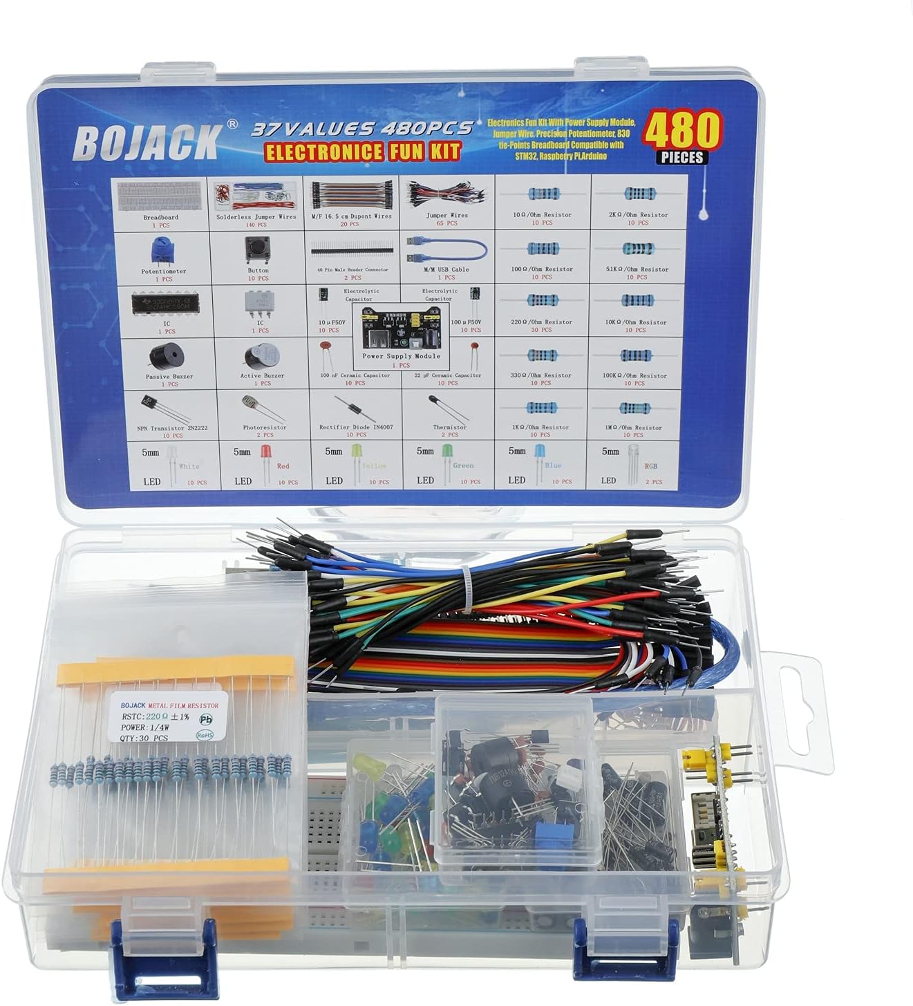 BOJACK 37 Values 480 Pcs Electronics Component Fun Kit with Power Supply Module, Jumper Wire,Precision Potentiometer,830 tie-Points Breadboard Compatible with STM32,Raspberry Pi,Arduino