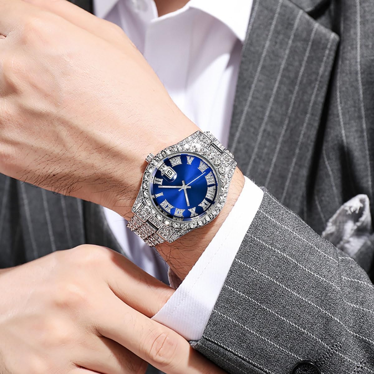 SENRUD Men's Diamond Watch Fashion Crystal Rhinestone Quartz Analog Watch Iced-Out Bracelet Wrist Watch Silver Blue