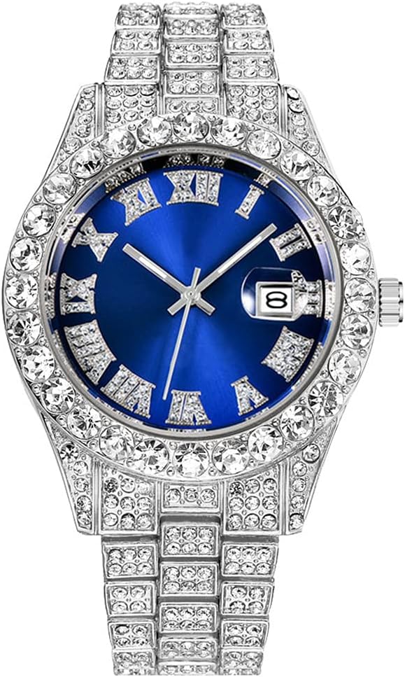 SENRUD Men's Diamond Watch Fashion Crystal Rhinestone Quartz Analog Watch Iced-Out Bracelet Wrist Watch Silver Blue