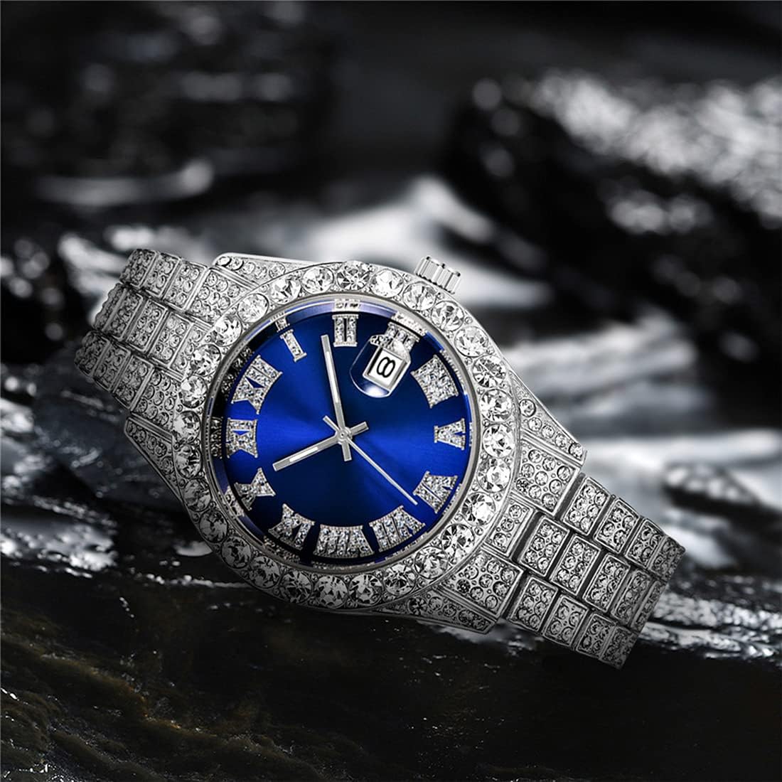 SENRUD Men's Diamond Watch Fashion Crystal Rhinestone Quartz Analog Watch Iced-Out Bracelet Wrist Watch Silver Blue