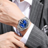 SENRUD Men's Diamond Watch Fashion Crystal Rhinestone Quartz Analog Watch Iced-Out Bracelet Wrist Watch Silver Blue