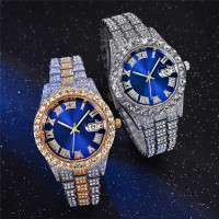 SENRUD Men's Diamond Watch Fashion Crystal Rhinestone Quartz Analog Watch Iced-Out Bracelet Wrist Watch Silver Blue