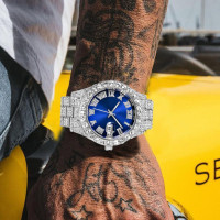SENRUD Men's Diamond Watch Fashion Crystal Rhinestone Quartz Analog Watch Iced-Out Bracelet Wrist Watch Silver Blue