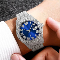SENRUD Men's Diamond Watch Fashion Crystal Rhinestone Quartz Analog Watch Iced-Out Bracelet Wrist Watch Silver Blue