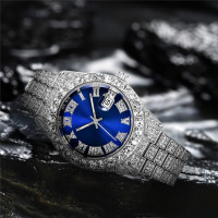 SENRUD Men's Diamond Watch Fashion Crystal Rhinestone Quartz Analog Watch Iced-Out Bracelet Wrist Watch Silver Blue