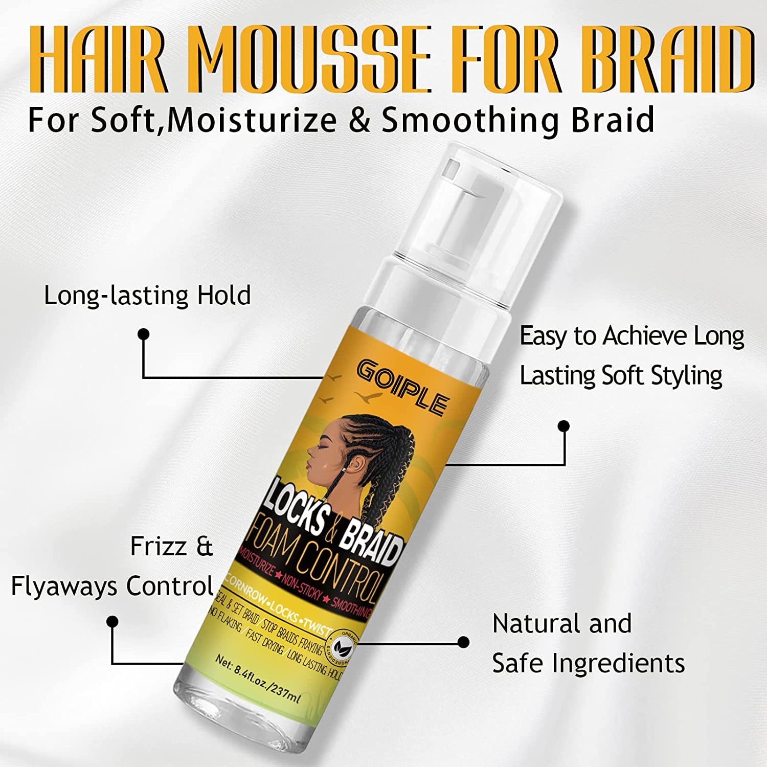Goiple Braid Mousse, Twist, Locs - Extra Hold, High Shine, Moisturizes, Frizz Control, Lightweight, Easy to Apply, 8.4 fl oz black-3pcs