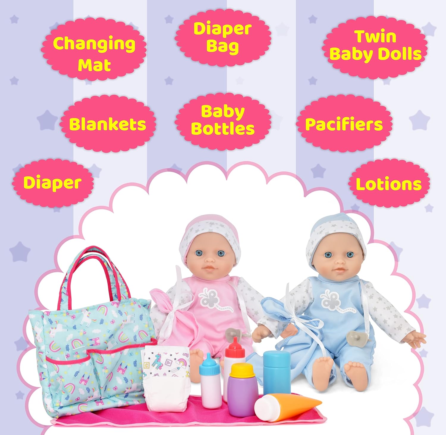 Gift Boutique Twin Baby Dolls with Accessories - Soft Body Girl & Baby Boy Dolls with Diaper Bag & Care Kit, Feeding Bottles, Pacifiers, Diaper & Changing Accessories for Toddlers & Kids